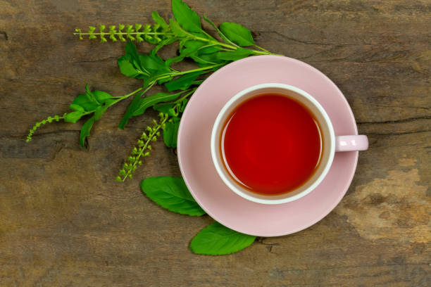 Tulsi or holy basil tea in ceramic cup with fresh tulsi branch on rustic wooden background top view. Ayurvedic medicine in India.